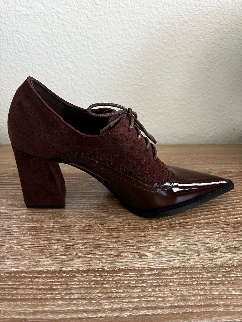 Brown Pointed Lace-Up Block Heel Oxfords